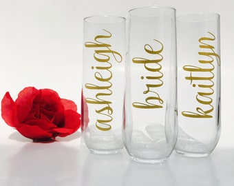 Bridesmaid Gift Ideas -Bridesmaid Champagne Glasses-Personalized Stemless Glasses-Toasting Flute-Personalized Champagne Flute-Monogram Glass