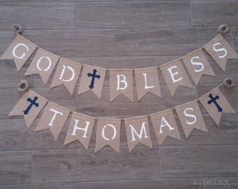Baptism Banner, First Communion Banner, Christening Banner, Baptism Decoration, Dedication Banner, Navy Baptism Party Decor, Boy Baptism
