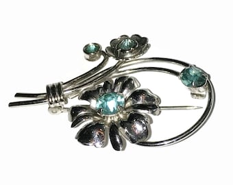 Rhinestone Brooch, Aqua Blue Pin, 1940s-1950s, Mid Century Jewelry, Gold Tone, Floral, Flower