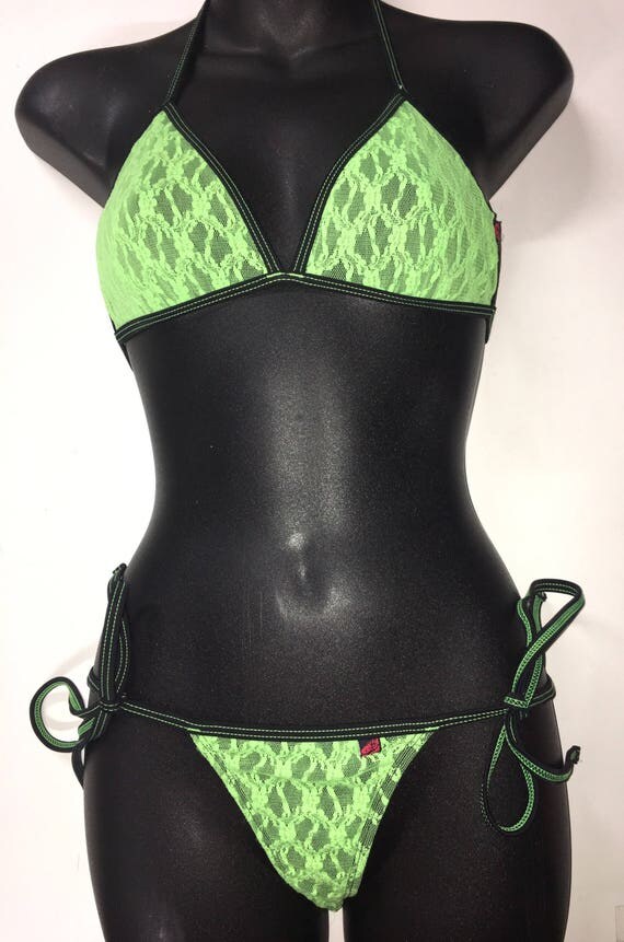ONEofaKIND *** MissManeater VANDALIZE thin bind fixed triangle bikini top with thin bind tie side boutique bikini pant *** THONG micro cut!