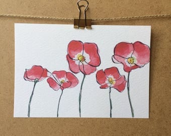 Items similar to Folk Art Illustration flowers with a bird, Poppies ...