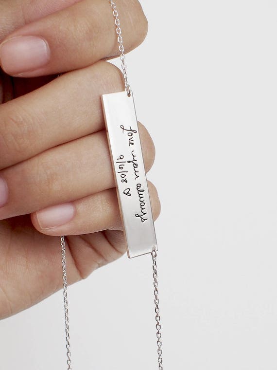 engraving personal handwriting Bar Signature Personalized Necklace Handwriting / Bar Engraved