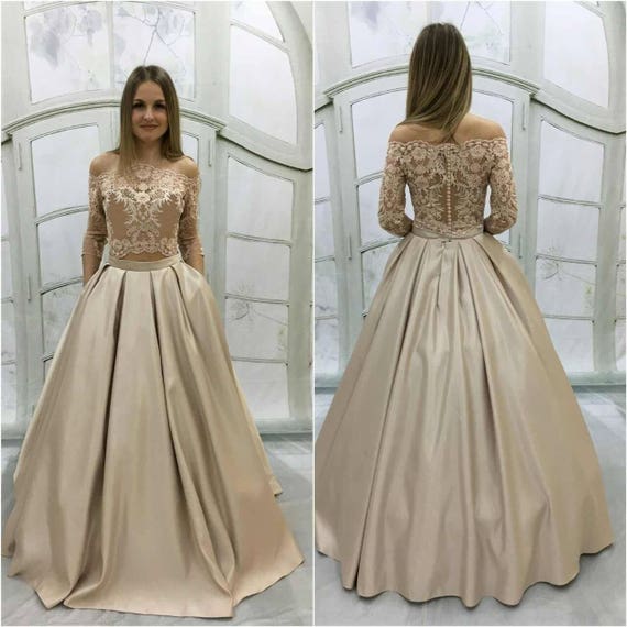  Beige  wedding  dressVintage Atlas Wedding  Dress  with Lace