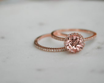 Halo Engagement Ring, Champagne Sapphire Halo Ring, Rose Gold Ring, Wedding Ring, Diamond Ring, Halo Diamond Ring
