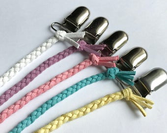Set of 2 pacifier clips, suede pacifier clip set, 2 pacifier lanyards, suede pacifier clip set, braided pacifier clips