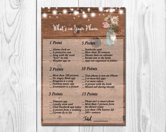 Mason Jar What's in Your Phone Game - Printable Rustic Bridal Shower Phone Game - Mason Jar Bridal Shower Phone Game, String lights, WS011