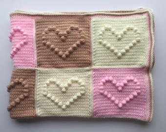Heart Crochet Baby Blanket, Bobble throw, New born girl afghan, Baby shower gift, Nursery throw, handmade blanket, nursery bedding