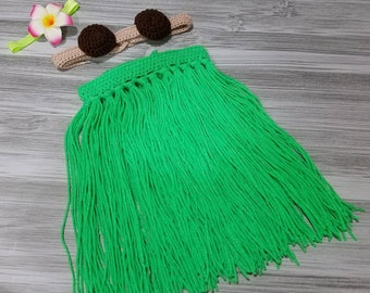 Hawaiian Hula Dancer Crochet Baby Photo Prop With Headband, Coconut Bra, and Grass Skirt