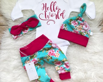 Baby Girl Coming Home Outfit Newborn Girl Outfit Hello World Baby Girl Outfit Photo Prop Floral Outfit Baby Shower Gift Baby Gift