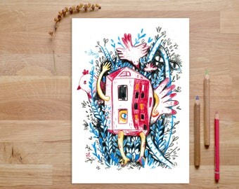 House illustration, foliage prints, tree house, woodland prints, forrest art, chicken print, animal art, whimsical art, kids wall art, birds