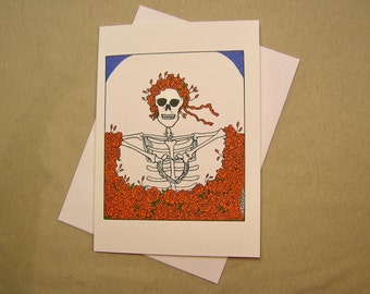 Grateful Dead All-Occasion Card. Skeleton Shows Heart. Regular size and mini-version. A Lunar Eclipse cartoon greeting card.