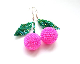 Pink Bon bon earrings Fruit earrings Pom pom earrings Ball drop earrings Fuchsia earrings Cherry earrings Beaded earrings Berry women gift