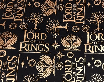 Lord of the Rings fabric, metallic gold in black tree fabric,movie fabric, licensed fabric, fantasy