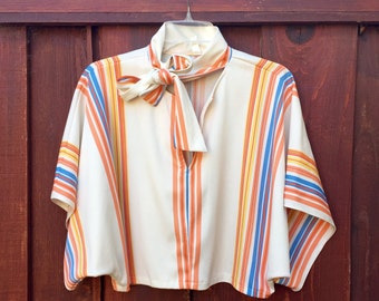 Disco Queen Bat Wing Rainbow Striped Cropped Blouse
