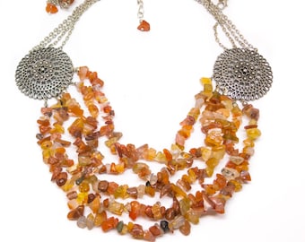 Multistrand carnelian necklace, Orange and Silver, Ethnic necklace, Tribal Fusion necklace, Bellydance necklace, filigree necklace