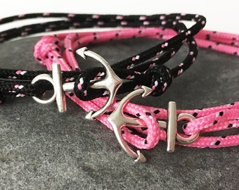 Two Nautical anchor bracelets One PINK one BLACK Boat cord Lucky couple Bracelets Love couple Bracelets Best friends Love jewelry Minimalist