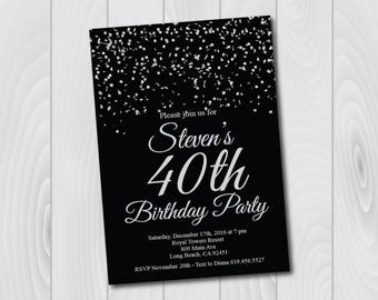 40th Birthday Invitation/Printable Silver & Black Birthday Invitation/e-card invitation/Template/Birthday Invitation/fortieth birthday