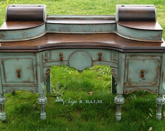 FREE SHIPPING Blue antique shabby chic chalk painted distressed vanity desk, antique shabby chic lady's desk dressing table, mahogany desk