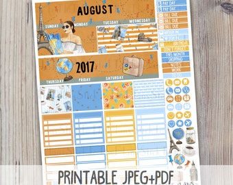 August monthly printable planner stickers for Erin Condren LifePlanner TM watercolor instant download august summer vacation monthly kit