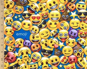 Emoji Licensed fabric, Emoji's on blue, All the Emoji Cotton fabric by the yard on Aqua by David Textiles 100% Cotton fabric Remnant 23"x44"