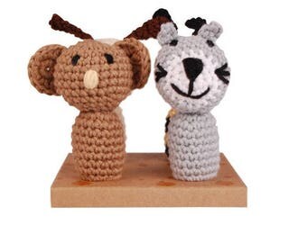 Cute finger puppets with animal figure for babies. Certified organic cotton- crochet finger puppets. Baby gift. (Bee, Dog, Cat, Koala)