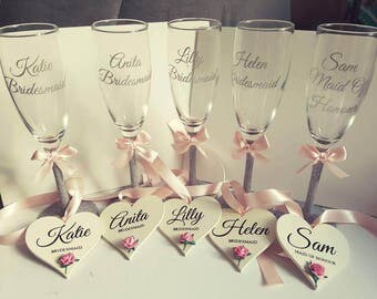 Beautiful champagne flutes with a lovely wooden heart gift set for your bridal party.