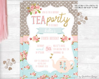 Tea Party Birthday Invitation plus Thank You Card Printable