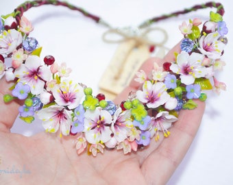 Polymer clay jewelry Polymer clay necklace Blue white flower necklace Apple blooming Apricot flowers Polymer clay flowers Fimo jewelry gift