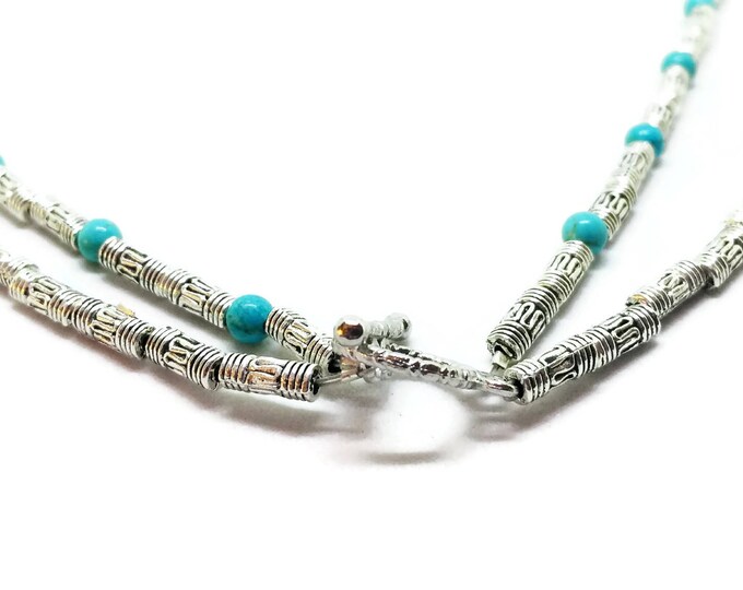 Tibetan Silver and Turquoise Necklace, Double Strand Turquoise Beaded Necklace, Turquoise and Silver Necklace, December Birthstone
