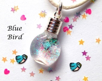 Blue Bird, Snowglobe Necklace,snowglobes,custom,necklaces,charms,kids jewelry,kids crafts,silver,animal charms,kid fun jewelry,blue birds