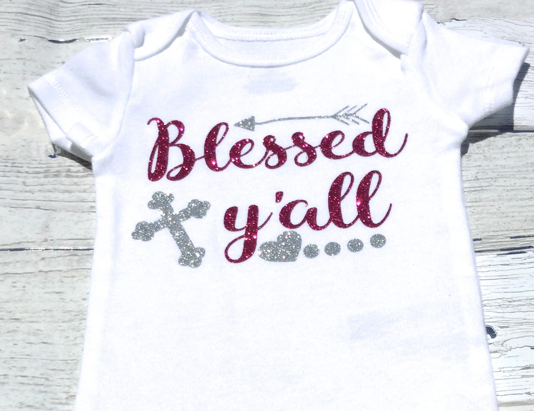 Blessed Y'all Baby Onesie Hot Pink and Silver Bling Design