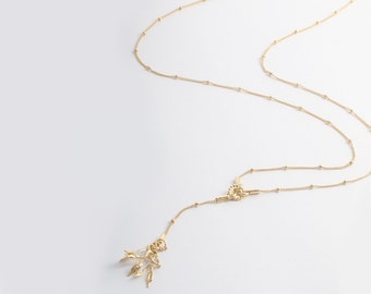 Gold Leaf Necklace, Leaf Pendant Necklace, Gold Lariat Necklace, Long Gold Necklace, Gold Y Necklace, Woodland Necklace, Dainty Necklace