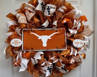 Texas Longhorn Wreath, Longhorn Wreath, University of Texas Door Sign, University of Texas Wreath, Texas Longhorn Door Hanger, UT Wreath
