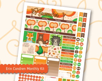 November Monthly Kit for Erin Condren Lifeplanner™ Woodland Animal Planner Stickers Printable Silhouette Cut File Fall Stickers Monthly Kit