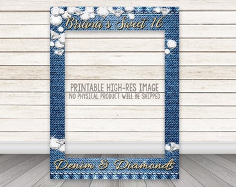 PRINTABLE Denim & Diamonds party photo booth frame, Gold Glitter Denim Diamonds photo booth prop frame, Birthday Photobooth, Sweet 16 Party