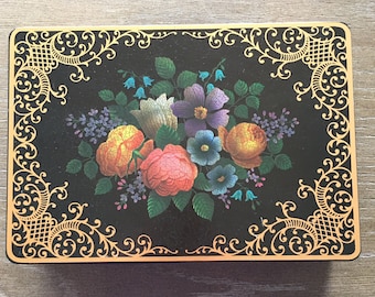 Decorative Metal Tin Box Black Floral Design