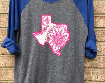 Free Shipping!! Texas Mandala Grey and Blue Sleeve Raglan/ State Shirt/ Texas Shirts/ Pink Texas