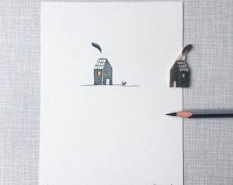 Little house and dog 'limited edition handprinted linoprint'
