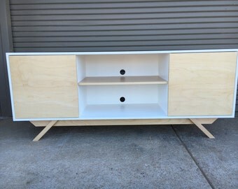 NEW Hand Built Mid Century Inspired TV Stand. Maple 2 door with center shelf and angled leg base. Buffet / Credenza