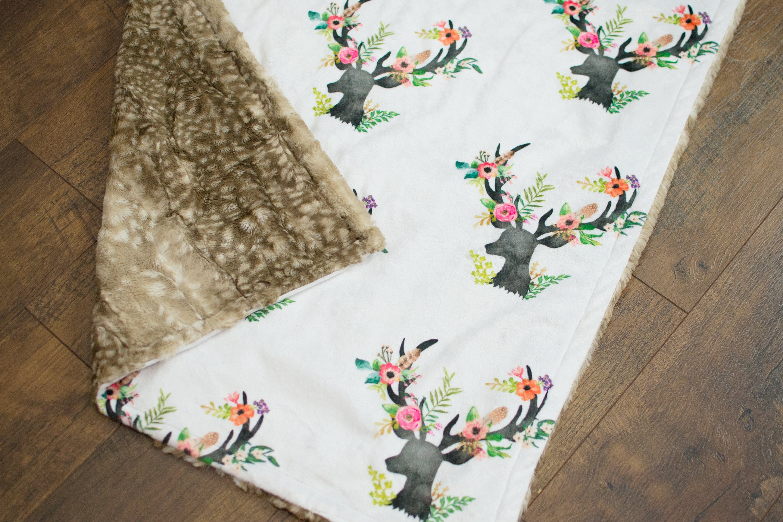 Floral Deer Minky Faux Fawn Fur baby blanket baby swaddle