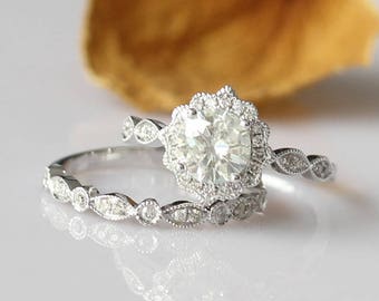 Perfect Rings!!Charles&Colvard Moissanite Engagement Ring 6.5mm Round Moissanite Ring 14k White Gold Engagement Ring Set Bridal Wedding Ring