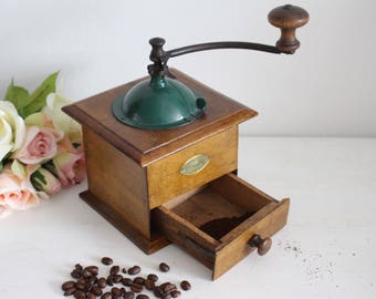 Vintage French Peugeot Freres Wooden Coffee Grinder - Green Lid