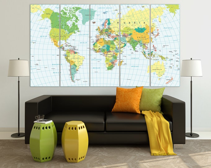 Geographic map of the world, travel map, push pin world map, office and home wall art decoration, world map countries