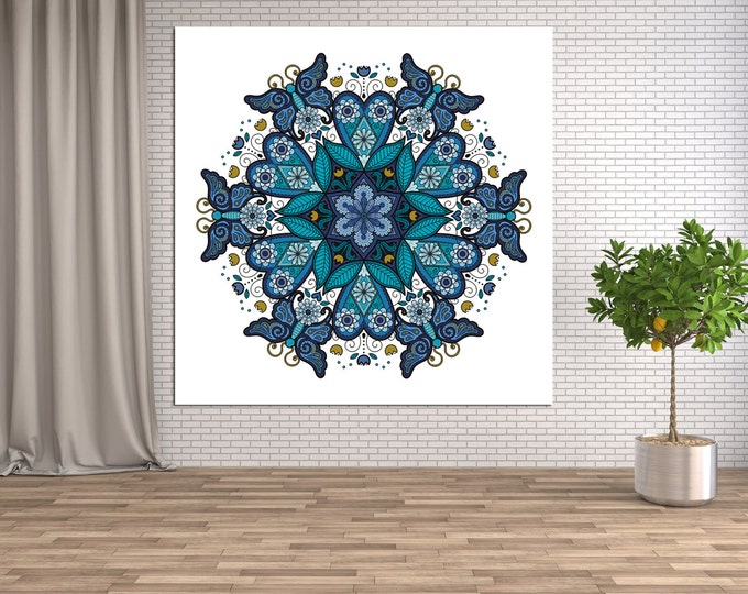 Blue bohemian wall art mandala canvas set, abstract original painting flower wall art print, home decor floral mandala wall art