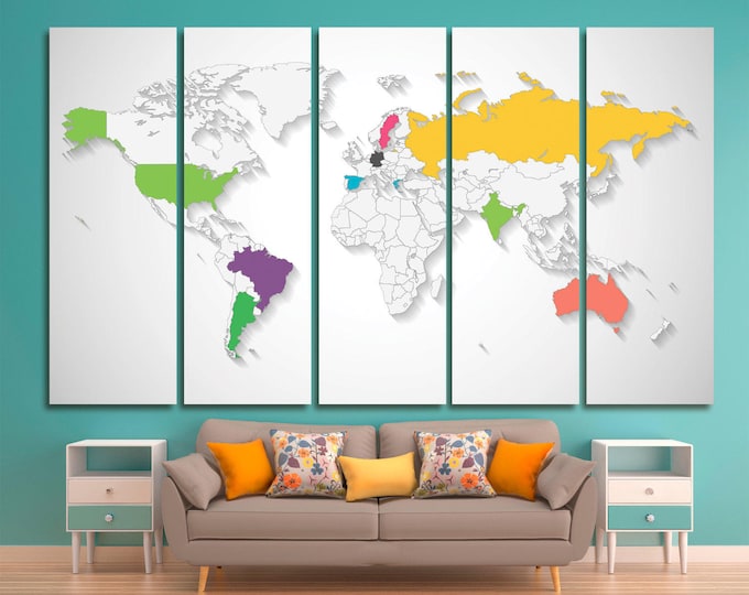 Extra large world travel map canvas, push pin travel map, colorful framed world map, world map wall art, world map pinboard framed wall art
