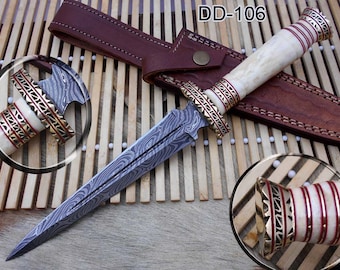 12.2" Long Damascus Dagger hand forged Knife 6.2" dual edge very exotic camel bone scale crafted with engraved brass work and fiber spacing