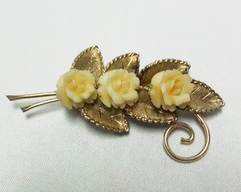 Vintage WINARD rose brooch 12k Gold Filled Carved Bone