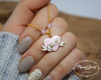 Heart necklace, gold necklace, pink, vintage necklace, made in Italy, birthday gifts, engagement gift, Valentine's gift, handmade jewelry