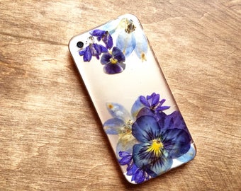 Phone case floral • Blue iPhone 6 case • Clear iPhone SE case • Pansy phone case • Pressed flower art • Delphinium phone case • Snap on case