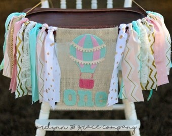 Hot air balloon birthday garland/high chair banner/smash cake prop/pink/teal/gold